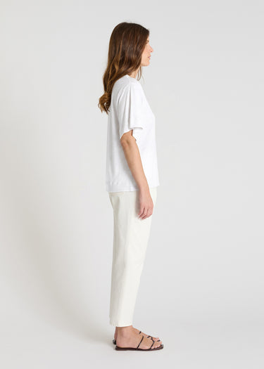 Débardeur blanc femme lin col rond, t-shirt ample estival minimaliste chic – Aubino