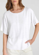 Chemise en lin blanche femme manches courtes, jersey lin léger base fendue – Aubino