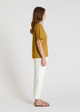 Blouse femme lin marron doré coupe fluide, chemisier lin femme été minimaliste – Aubino