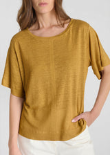 Chemise en lin femme marron doré manches courtes, jersey lin base fendue – Aubino