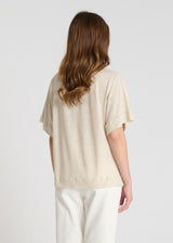 Blouse femme lin jersey beige sable manches courtes fluides base fendue