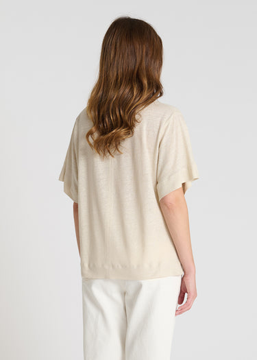 Blouse femme lin jersey beige sable manches courtes fluides base fendue