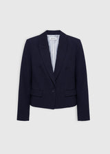Blazer bleu nuit femme Beth – format court tailleur, poche poitrine passepoilée, poches à rabat
