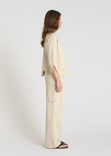 Sweat Balisier beige dune porté pull oversize femme molleton volume boîte moderne décontracté