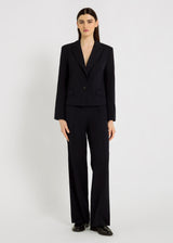 Veste blazer bleu nuit femme Beth – coupe boite, col blazer, pinces taille, bouton corozo, tenue chic