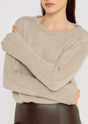 Pull femme beige naturel Blaise – 100% laine mérinos fils italiens, côtes texturées, pull en merinos femme