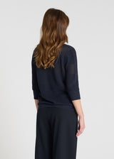 Vue arrière pull Bloom bleu marine maille ajourée coton volume droit naturel