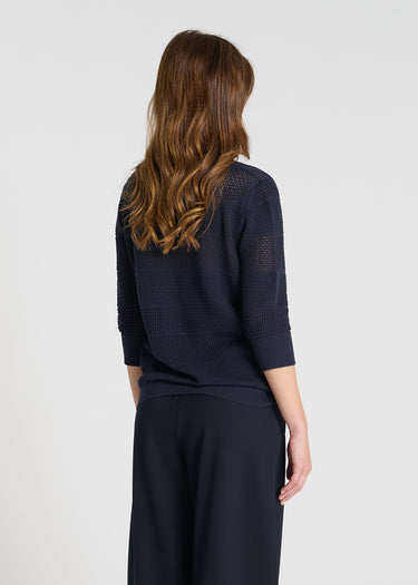 Vue arrière pull Bloom bleu marine maille ajourée coton volume droit naturel