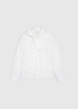 Chemise blanche femme habillé Charlotte – col mao, manches bouffantes, lavallière amovible, popeline coton, boutons nacre