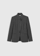 Blazer gris chevron femme Christie – col officier, poches passepoilées, pattes poignets boutonnées, ligne droite