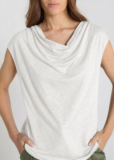 Débardeur blanc femme jersey lin col bénitier, chemise femme sans manches – Crocus