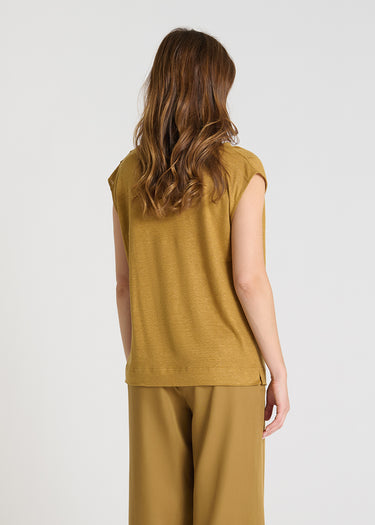 Blouse sans manche femme lin bronze tombé naturel détail col