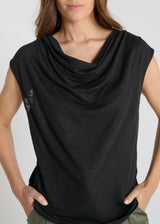 Débardeur femme lin noir jersey col bénitier structurant devant