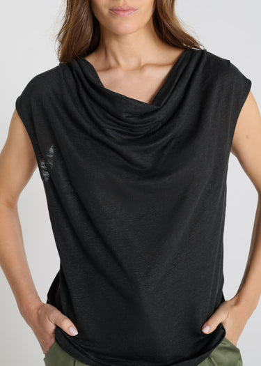 Débardeur femme lin noir jersey col bénitier structurant devant