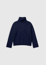 Pull femme bleu nuit baby alpaga Dante – volume enveloppant, col roulé fendu côté gauche, pull oversize femme