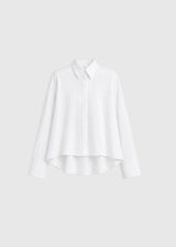 Chemise blanche femme habillé Dezba – popeline coton, coupe courte évasée, manches chauve-souris, boutons nacre naturelle