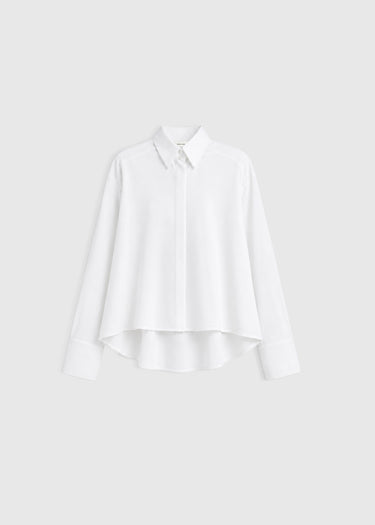 Chemise blanche femme habillé Dezba – popeline coton, coupe courte évasée, manches chauve-souris, boutons nacre naturelle