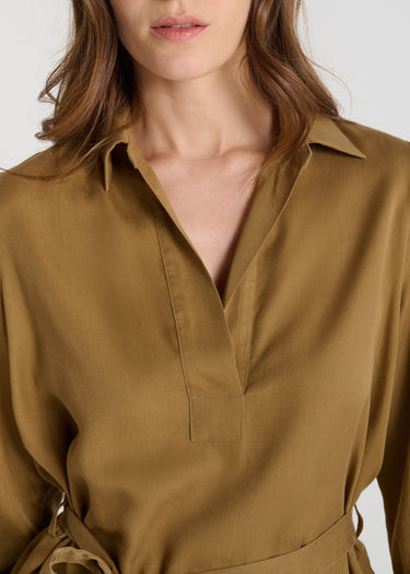 Blouse Daisy tabac, chemisier femme fluide en Tencel avec tombé naturel et ceinture nouée à la taille