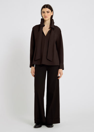 Blouse Doli couleur chocolat – chemisier femme chic en coton, col bouffant, coupe droite fluide