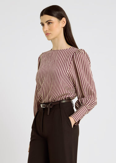 Chemisier rayé bordeaux fluide femme – vue de dos bouton recouvert