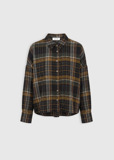 Chemise à carreaux femme marron doré boutons nacre gravée base arrondie – Everlane