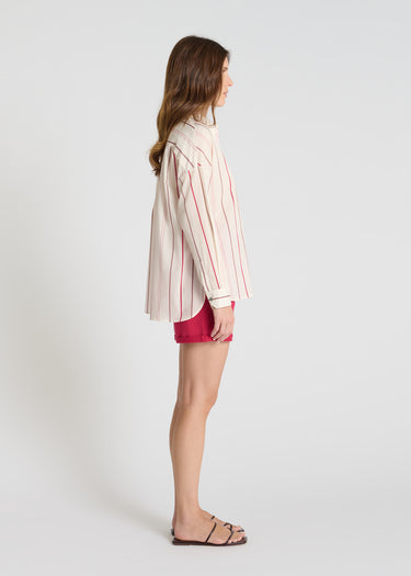 Détail chemise Églantine rose indien rayée voile coton boutons nacre patte boutonnage