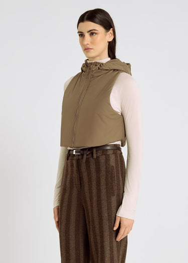 Doudoune femme beige sans manches zip base arrondie superposition – Evan