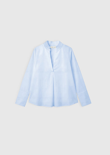 Blouse bleu ciel femme chic twill coton col mao ouvert volume patineuse – Francoise