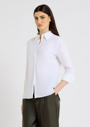 Chemise blanche femme chic patte boutonnage cachée poignets longs – Fedora
