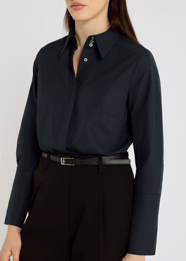 Chemise femme bleu marine popeline 100% coton tombé structuré – Fedora