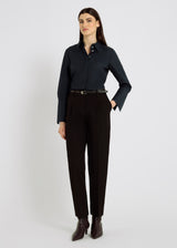 Chemise bleu marine femme popeline coton coupe droite structurée boutons nacre – Fedora
