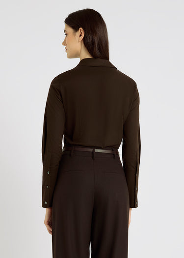 Chemisier marron chocolat femme luxe popeline coton plis dos fentes côtés – Fedora