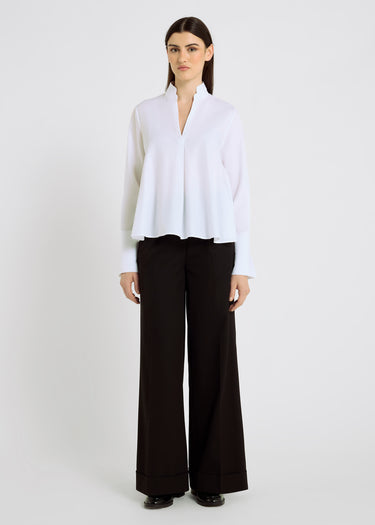 Blouse blanche femme twill coton col mao ouvert volume patineuse – Francoise