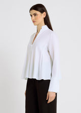 Chemisier blanc femme col mao encolure V plis dos boutons recouverts – Francoise