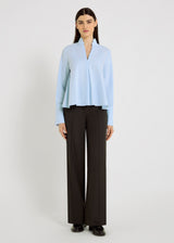 Blouse bleu ciel femme twill coton col mao ouvert volume patineuse – Francoise