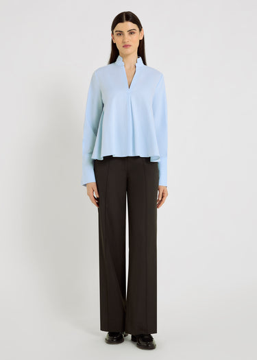 Blouse bleu ciel femme twill coton col mao ouvert volume patineuse – Francoise