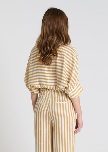 Vue arrière pantalon Genepi beige miel passepoils dos ceinture élastiquée voile rayé