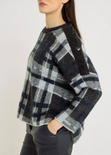 Pull femme classe bleu marine – baby alpaga jacquard, fentes côtés, tenue chic pour femme, Georges