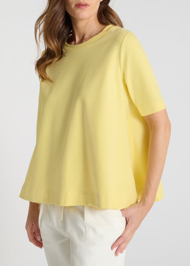 Détail sweat Girasol jaune molleton doux encolure ronde bord-côte manches courtes