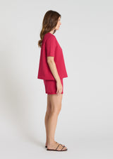 Sweat Girasol rose porté pull manche courte femme molleton volume évasé fluide décontracté