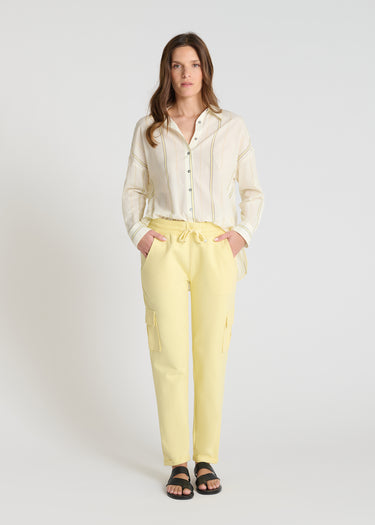 Jogging molleton jaune moutarde femme, taille élastiquée avec cordon, poches latérales - Grigoripoe