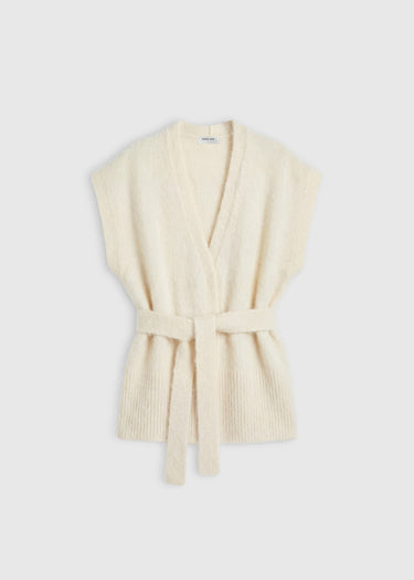 Gilet Honoré off white – baby alpaga, volume kimono, ceinture en côtes, fentes côtés