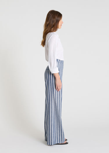 Pantalon Hibiscus bleu indigo porté pantalon rayé femme coton lin jambe ample fluide