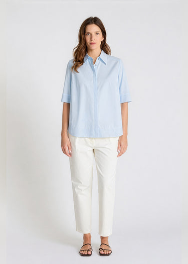 Chemise popeline coton bleu ciel femme, col boutonné nacre, manches courtes - Isabella