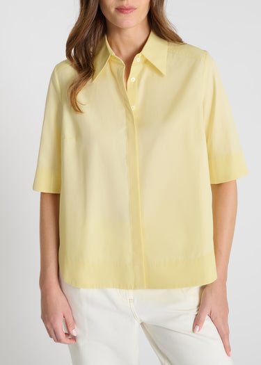 Chemise femme chic jaune moutarde en coton, manches courtes, coupe droite - Isabella