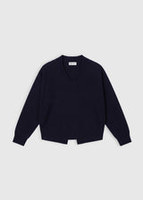 Pull John bleu nuit – mérinos 100%, col V bord-côte, manches chauve-souris, fente oblique dos
