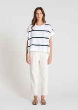 Pull rayé femme Jadish R blanc coton marinière encolure ronde patte boutonnage épaule volume boule