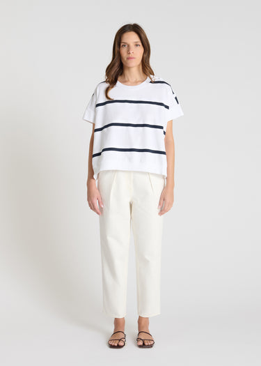 Pull rayé femme Jadish R blanc coton marinière encolure ronde patte boutonnage épaule volume boule