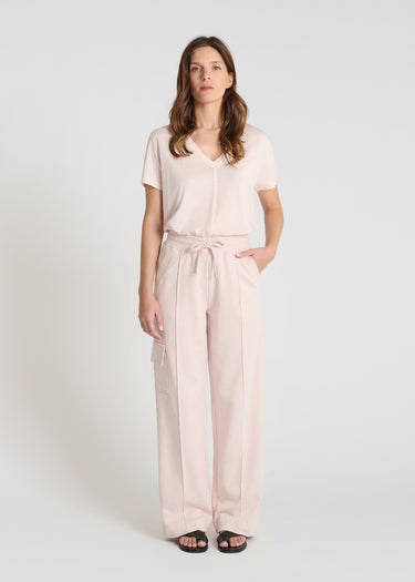 Pantalon molleton femme rose Jivoe – coupe large droite, ceinture élastiquée, poche latérale