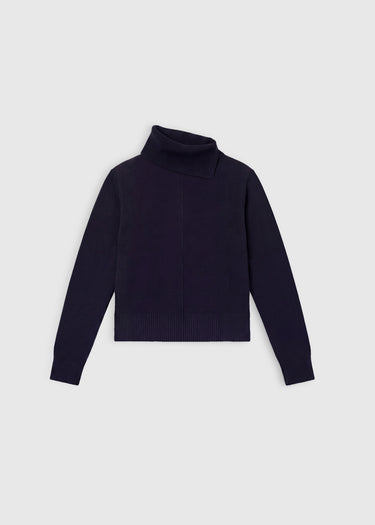 Pull Kuzley bleu nuit – mérinos 100%, col roulé fendu, bord-côte manches, nervure verticale devant
